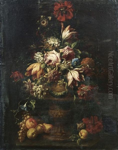 Bouquet De Fleurs Dans Un Vase A Piedouche Avec Des Fruits Oil Painting by Karel Van Vogelaer, Called Distelbloom