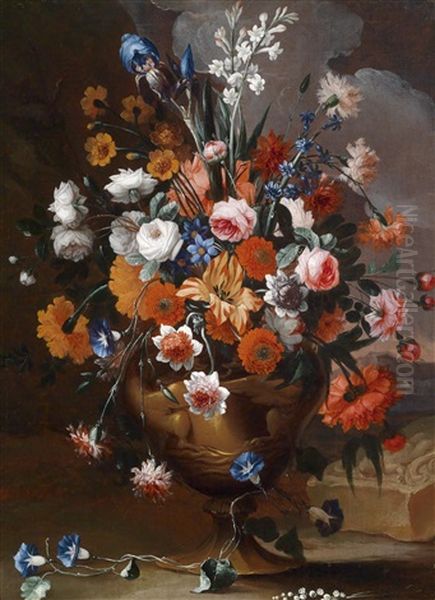 Ein Stillleben Aus Pfingstrosen, Rosen, Lilien, Tulpen, Narzissen Und Anderen Blumen Oil Painting by Karel Van Vogelaer, Called Distelbloom