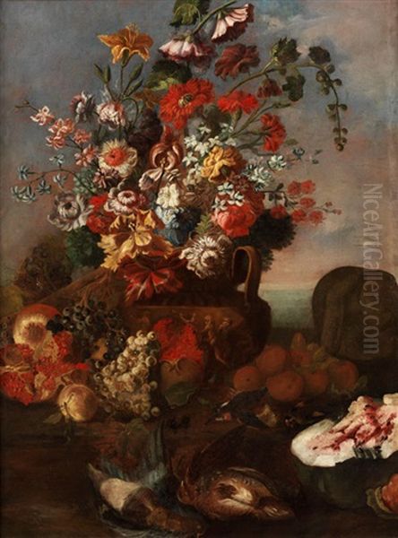 Grosses Blumenstilleben Mit Obst Und Erlegten Wildvogeln Oil Painting by Karel Van Vogelaer, Called Distelbloom