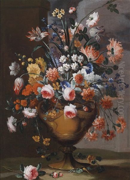Blumenstillleben Von Pfingstrosen, Rosen, Lilien, Tulpen, Narzissen Und Anderen Blumen Oil Painting by Karel Van Vogelaer, Called Distelbloom