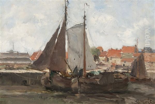Canal With Boats (ca. 1874) Oil Painting by Guillaume Vogels