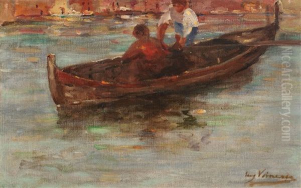 Children Sailing On The Lagoon Oil Painting by Eugen (Cean) Voinescu