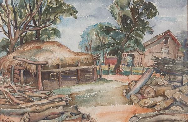 A Hay Mound And Flooded Farmyard Oil Painting by Lela Briggs