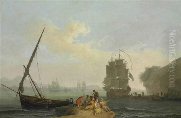 A Mediterranean Bay With Figures Unloading A Man-o-war, Figures Playing Cards In The Foreground, Other Vessels Beyond Oil Painting by Pierre Jacques Volaire