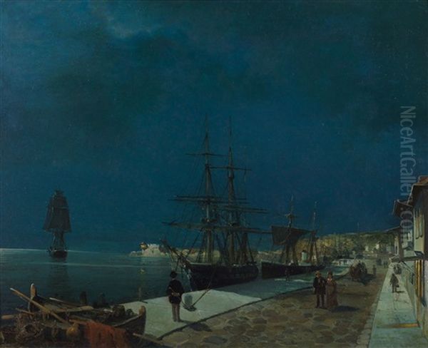Moonlit Harbour Of Volos Oil Painting by Konstantinos Volanakis