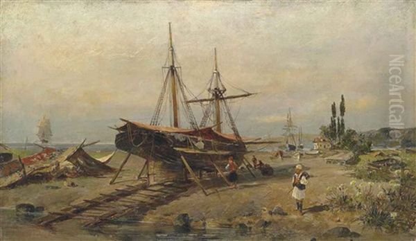 At The Shipyard Oil Painting by Konstantinos Volanakis