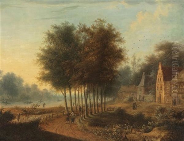 Flusslandschaft Mit Spaziergangern Oil Painting by Johann Christian Vollerdt or Vollaert