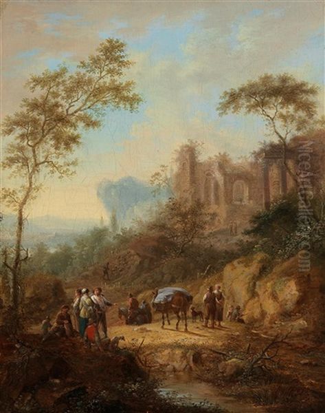 A Pair Of Southern Landscapes With Figures Oil Painting by Johann Christian Vollerdt or Vollaert