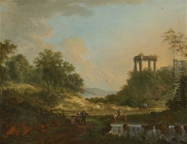 Arcadian Landscape With A Temple Ruin And People Oil Painting by Johann Christian Vollerdt or Vollaert