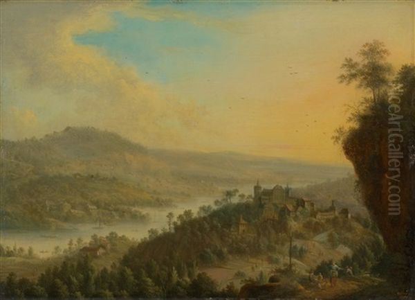 River Landscape With Figures Oil Painting by Johann Christian Vollerdt or Vollaert