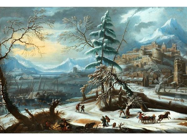 Winterlandschaft Oil Painting by Johann Christian Vollerdt or Vollaert