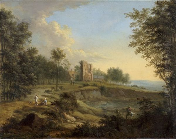 Bewaldete Hugellandschaft Mit Turmruine Und Staffage Oil Painting by Johann Christian Vollerdt or Vollaert