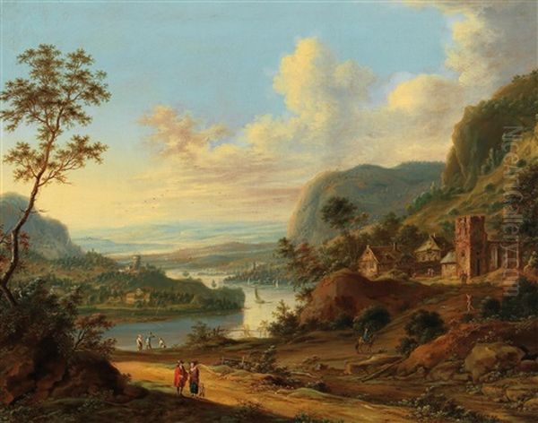 A Pair Of Extensive River Landscapes Oil Painting by Johann Christian Vollerdt or Vollaert