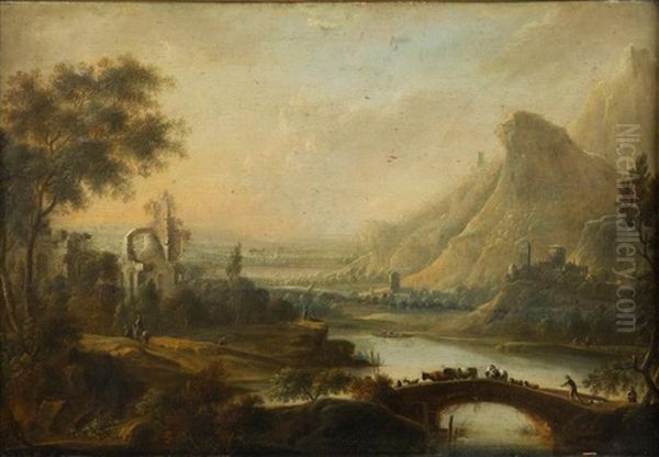 Paysage Panoramique Traverse Par Une Riviere Avec Paysan Et Ses Betes Sur Un Pont Oil Painting by Johann Christian Vollerdt or Vollaert