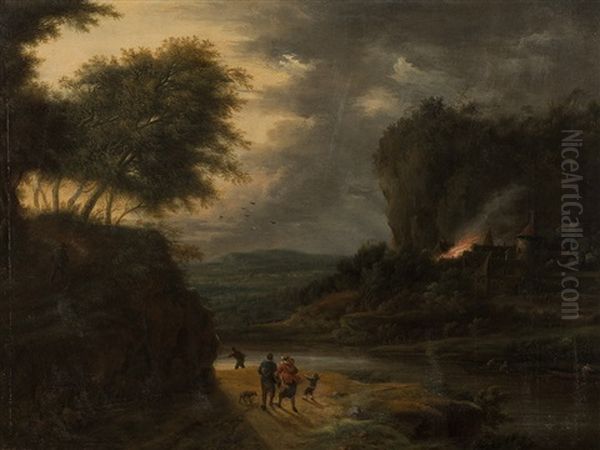 River Landscape With Burning Castle Oil Painting by Johann Christian Vollerdt or Vollaert