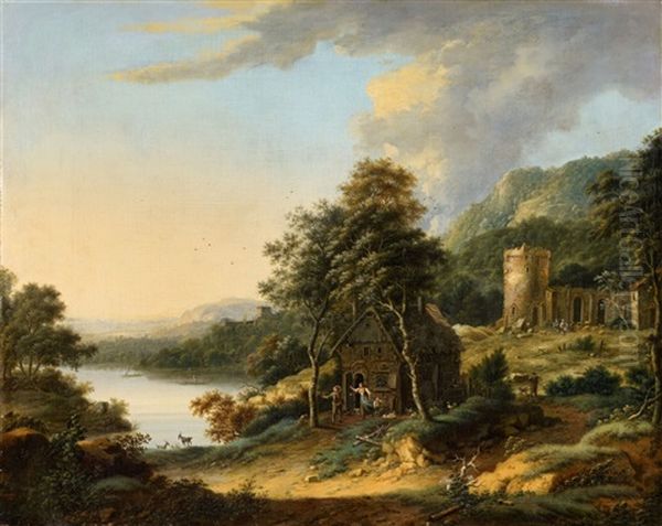 Wooded River Landscape With A Farmhouse And Ruins Oil Painting by Johann Christian Vollerdt or Vollaert