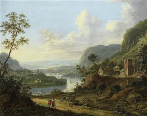 An Extensive River Landscape With Figures Resting Beside A Waterfall And A Village In The Distance; And A Mountainous River Landscape With A Horseman On A Path (2) Oil Painting by Johann Christian Vollerdt or Vollaert