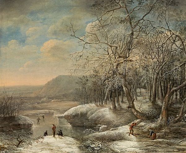 Winter Landscape Oil Painting by Johann Christian Vollerdt or Vollaert