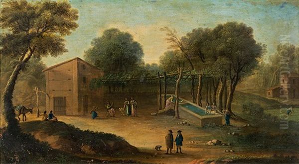 Farmstead With Figures Oil Painting by Johann Christian Vollerdt or Vollaert