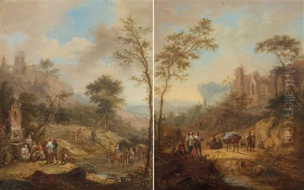 Pair Of Works: Landscapes With Figures Oil Painting by Johann Christian Vollerdt or Vollaert