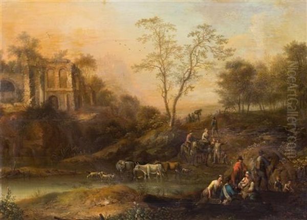 Figures And Animals Before Ruins (a Pair Of Works) Oil Painting by Johann Christian Vollerdt or Vollaert
