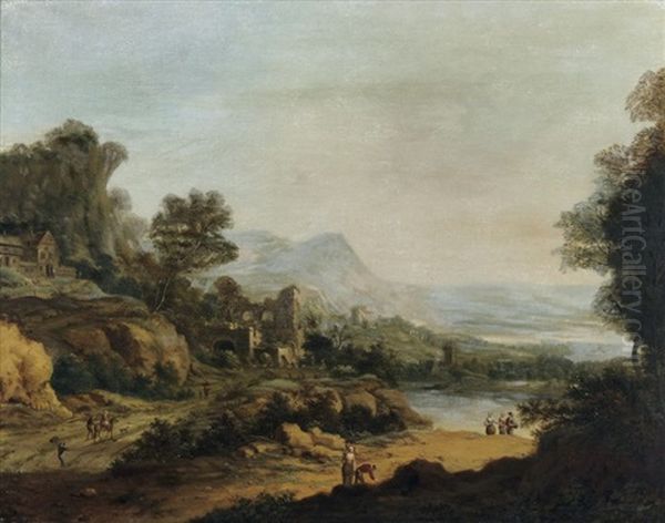 Weite Ideallandschaft Mit Flus Und Ruine Oil Painting by Johann Christian Vollerdt or Vollaert