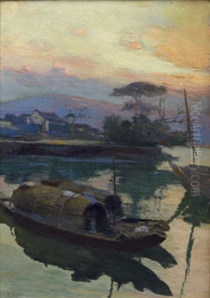 Les Jonques Au Soleil (junks Under The Sun) Oil Painting by Henri Emile Vollet