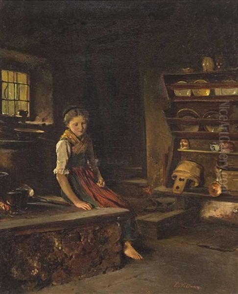 Madchen In Tracht In Einer Alten Kuche Oil Painting by Ludwig Vollmar