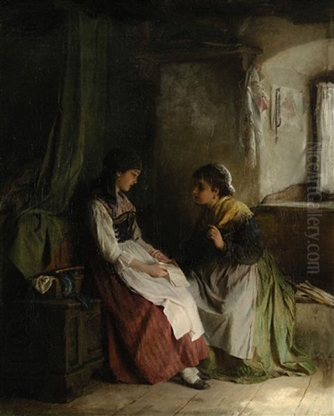 Der Brief: Zwei Bauernmadchen In Der Schlafkammer Oil Painting by Ludwig Vollmar