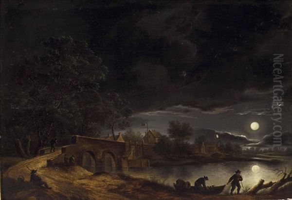 Vollmond Uber Dorf Am Fluss Mit Brucke Und Personenstaffage Oil Painting by Adolf Vollmer