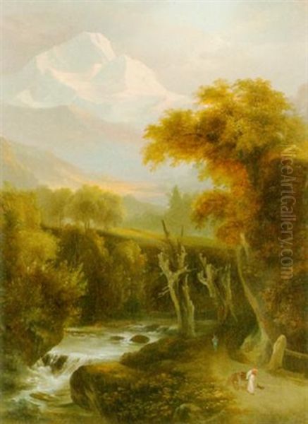 Gebirgslandschaft Mit Fluss Und Staffagefiguren Oil Painting by Carl Franz Rudolf Volmar