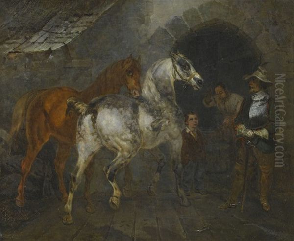 Edelmann Mit Zwei Pferden Beim Hufschmied Oil Painting by Joseph Simon Volmar