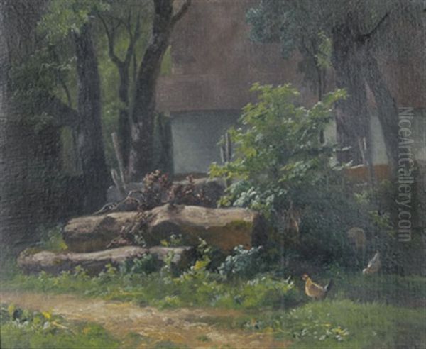 Holzlagerplatz Hinter Einem Bauernhaus Mit Huhnern Oil Painting by Voltz, Johann Michael
