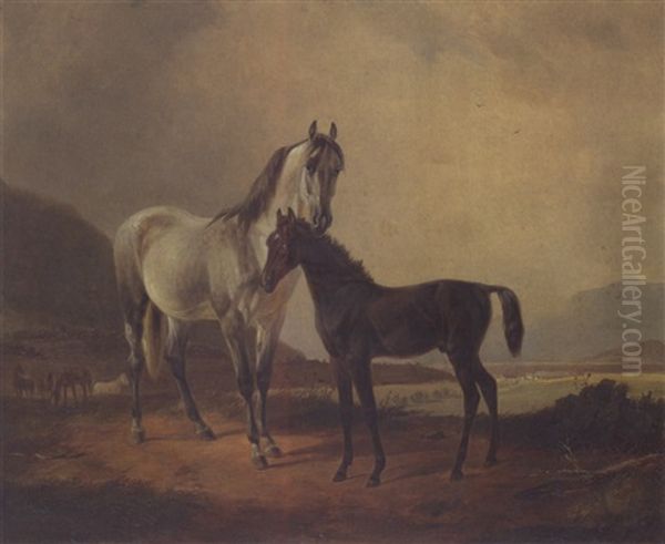Stute Und Fohlen In Vorgebirgslandschaft Oil Painting by Voltz, Johann Michael