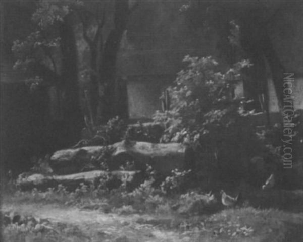 Holzlagerplatz Hinter Einem Bauernhaus Mit Huhnern Oil Painting by Voltz, Johann Michael