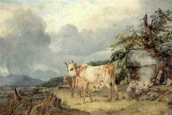 Kuh Mit Ihren Kalbchen Vor Einer Berglandschaft Oil Painting by Voltz, Johann Michael