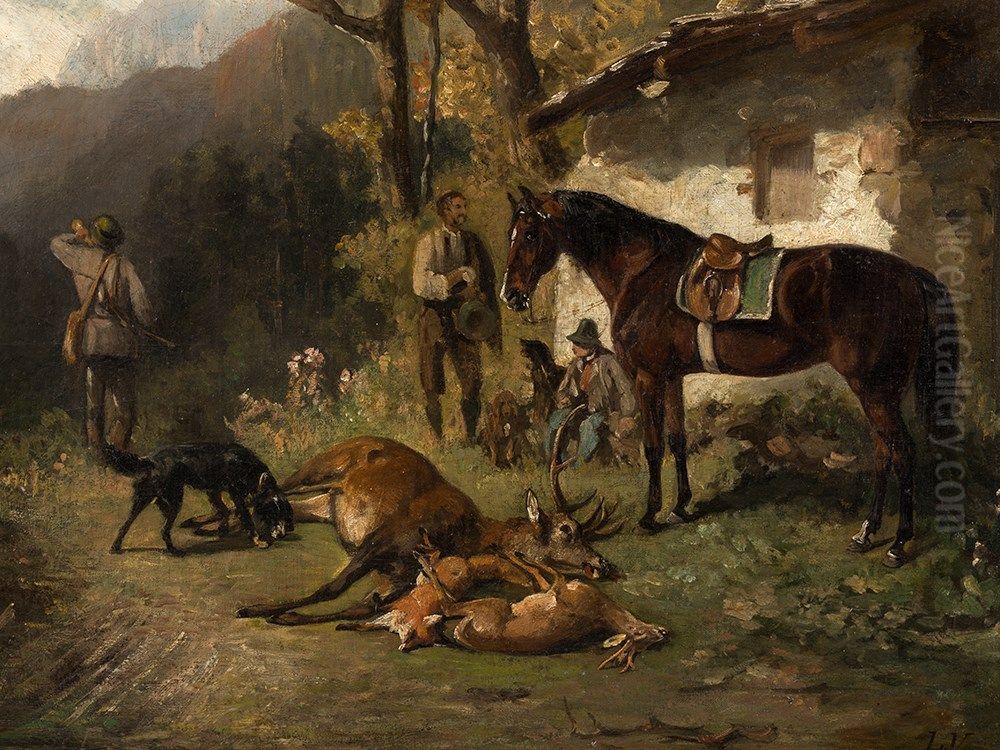 Hunting Scene Oil Painting by Ludwig Gustav Voltz