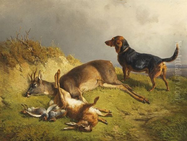 Erlegtes Wild Und Jagdhund Oil Painting by Ludwig Gustav Voltz