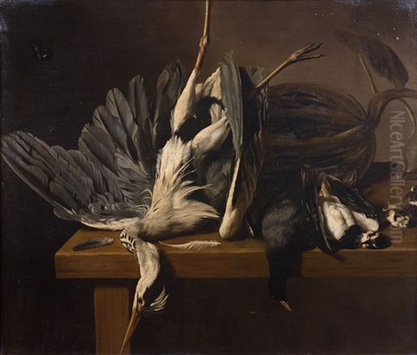 Nature Morte Au Heron Cendre, Grebe, Poule D'eau Et Geai Des Chenes Sur Un Entablement Oil Painting by Elias Vonck