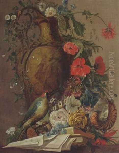 A Still Life With Roses And Other Flowers In A Sculpted Stone Vase, Together With A Green Woodpecker, A Nautilus Shell, Bubbles, Books And Papers Oil Painting by Jacobus Vonck