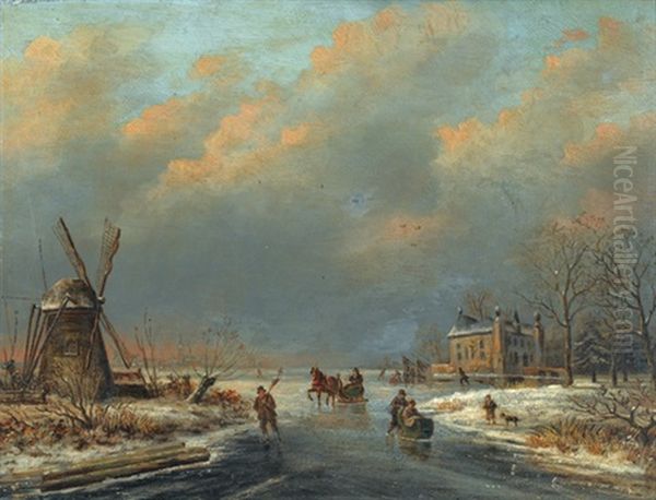 Winterliche Flusslandschaft Mit Windmuhle Oil Painting by Sebastiaan Theodorus Voorn Boers