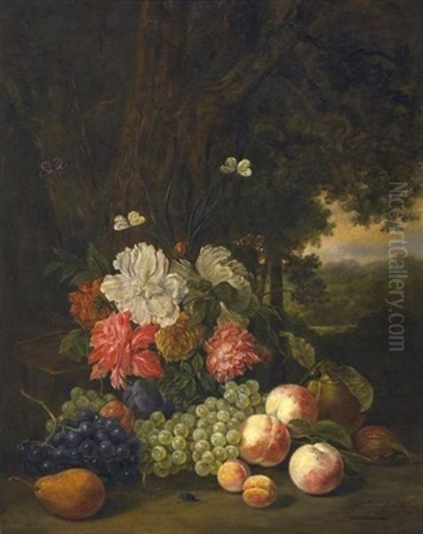 Stilleben Mit Rosen, Herbstfruchten Sowie Schmetterlingen Und Einem Kafer, Vor Landschaftshintergrund Oil Painting by Sebastiaan Theodorus Voorn Boers