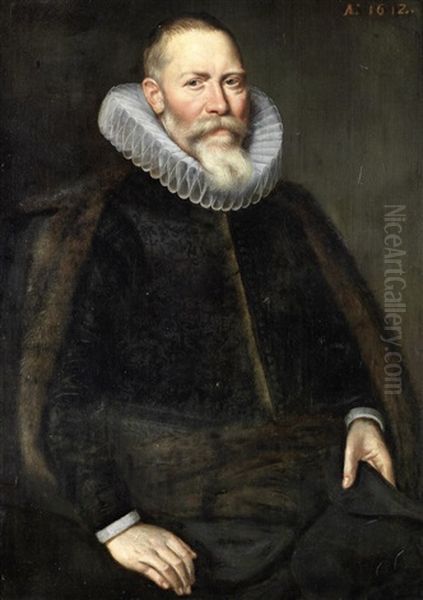 Portrait Of A Gentleman, Three-quarter-length, In A Black Coat And Fur-trimmed Mantle; And Portrait Of A Lady, Three-quarter-length, In A Black Dress And Fur-trimmed Mantle (pair) Oil Painting by Cornelis van der Voort