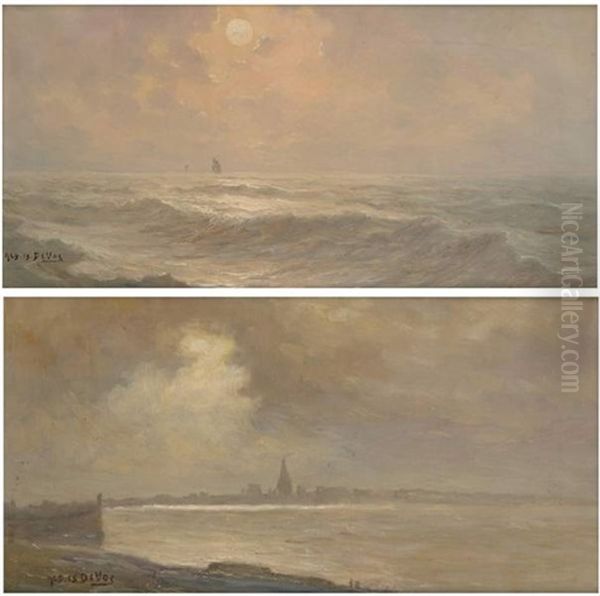 Coucher De Soleil Sur La Mer Du Nord (+ Lever De Soleil Sur La Mer Du Nord; 2 Works) Oil Painting by Albert Isidore de Vos