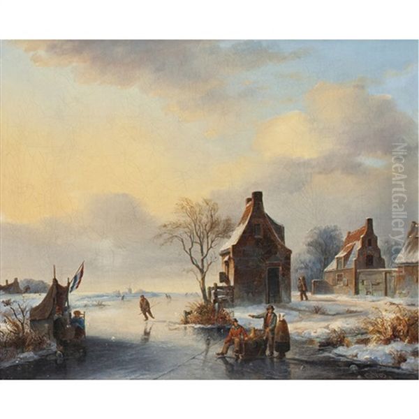 Skaters On A Frozen Lake Oil Painting by Christoffel Albertus Vos