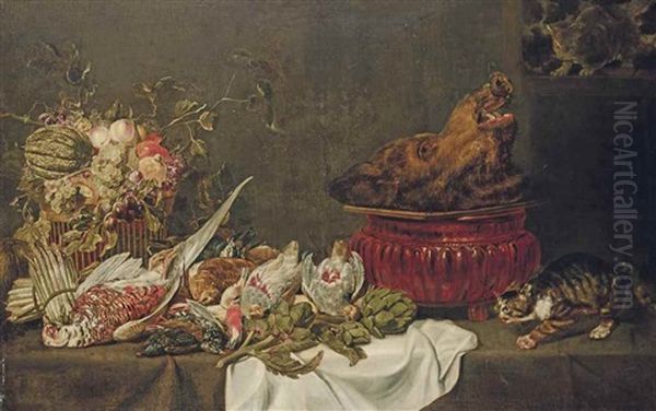 A Boar's Head On A Platter With A Pheasant, Partridges, Snipes And Other Birds With Artichokes And Asparagus, Grapes, Pears And Other Fruit In A Wicker Basket, And Cats Oil Painting by Paul de Vos