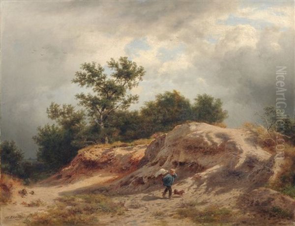 Heidelandschaft Bei Aufziehendem Gewitter Mit Wanderndem Knaben Und Hund Oil Painting by Heinrich Vosberg
