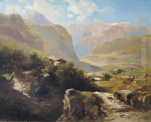 Blick Von Einer Hohe Auf Ein Alpental Oil Painting by Leopold Heinrich Voescher