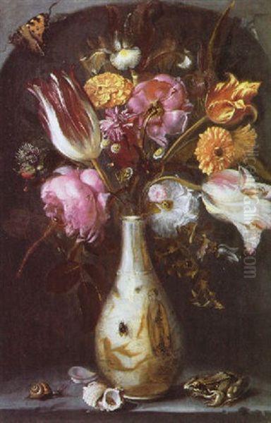 A Still Life Of Tulips, Roses, An Iris, Carnations And Other Flowers In A Chinese Vase With A Frog, A Snail And Other Insects Oil Painting by Jacob Woutersz Vosmaer