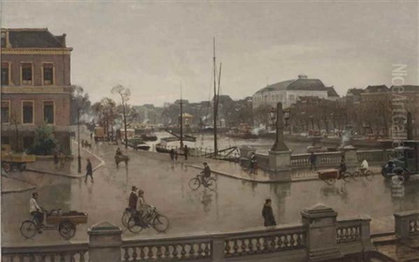 A Busy Hogesluis With The Theatre Carre On The River Amstel, Amsterdam Oil Painting by Cornelis Vreedenburgh